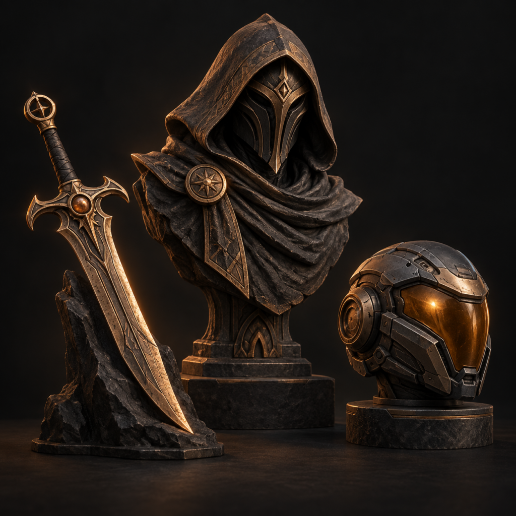 Concept artwork of a hooded fantasy bust, decorative sword, and futuristic helmet in copper tones.